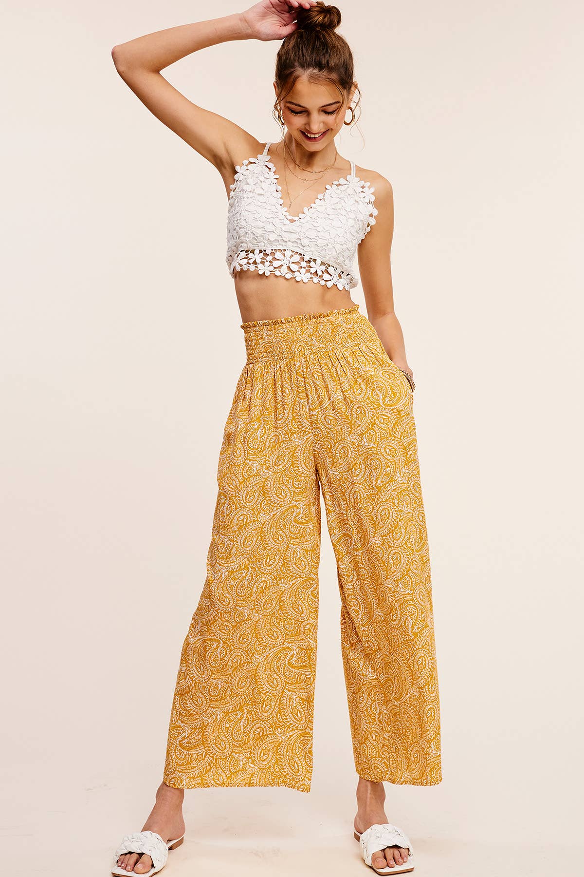 JCP4225-Boho Paisley Print Wide Leg Flowy Pants with Pockets