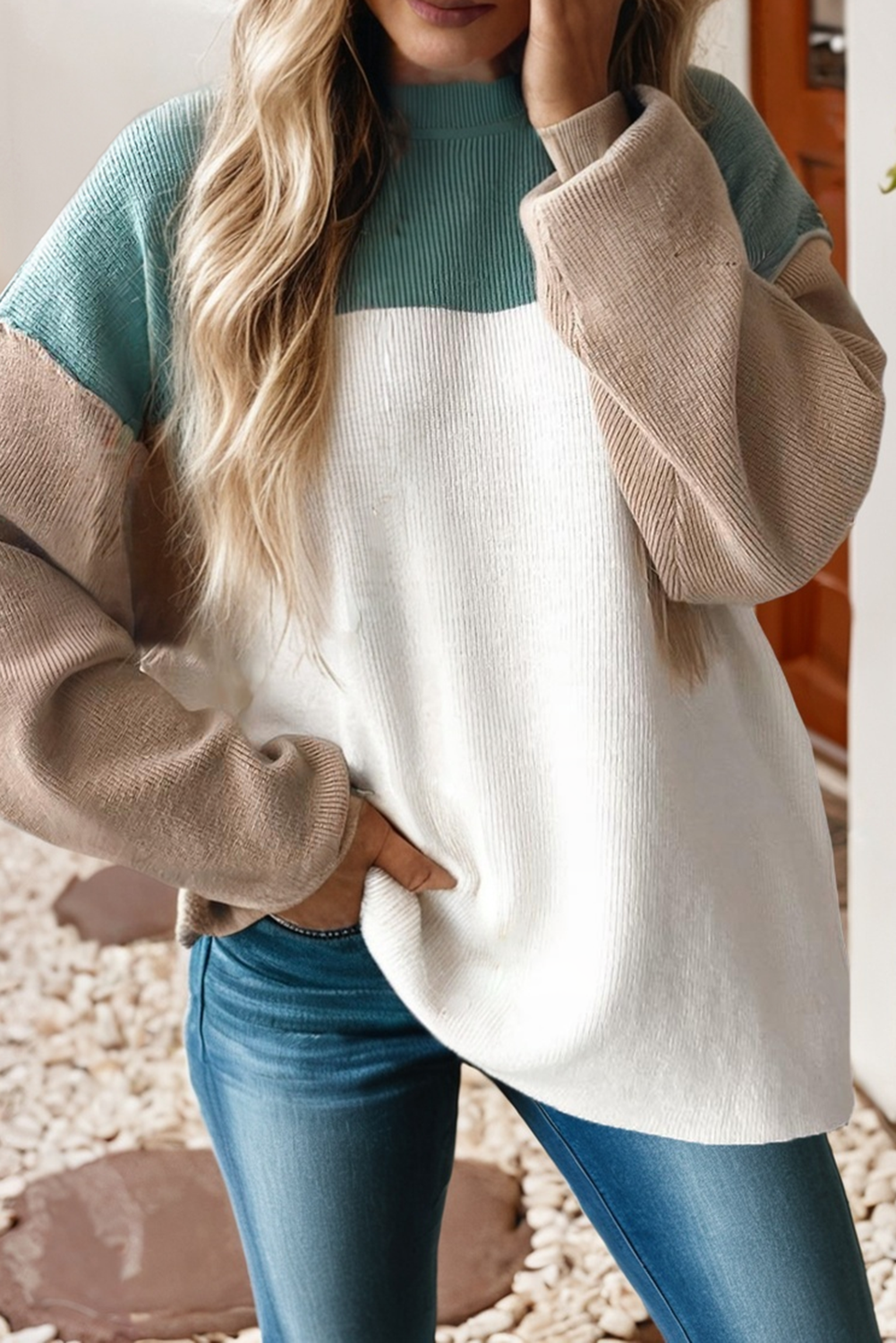 Little Daisy Closet - LDC Color Block Plain Ribbed Knit Baggy Sweater