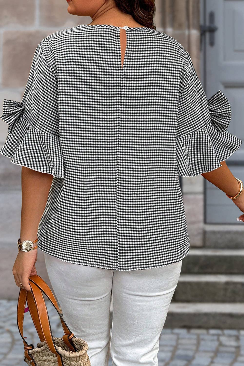 PRETTY BASH - Plus Size Gingham Bow Ruffle Sleeve Top