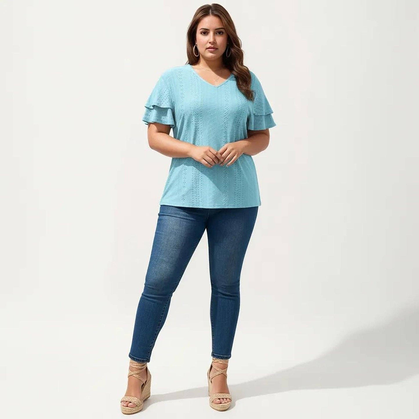 Anna Kaci Wholesale - Plus Size Short Sleeve V Neck Top with Textured Knit Fabric Tiered Ruffle Sleeves Shirt