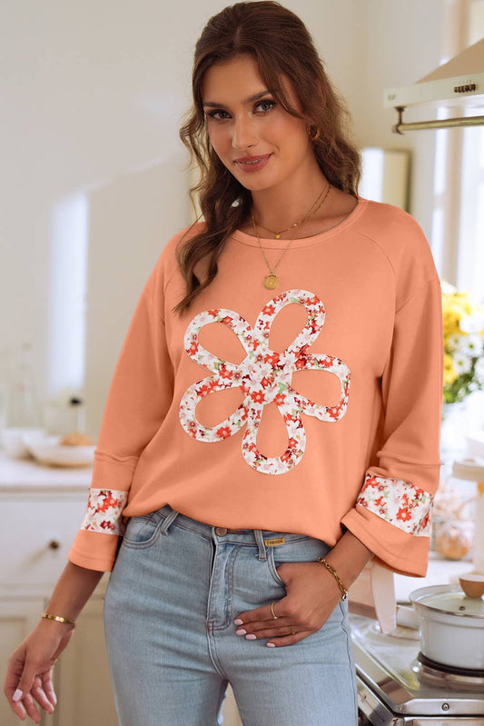 Flower Patch Graphic Exposed Seam Wide Sleeve Top