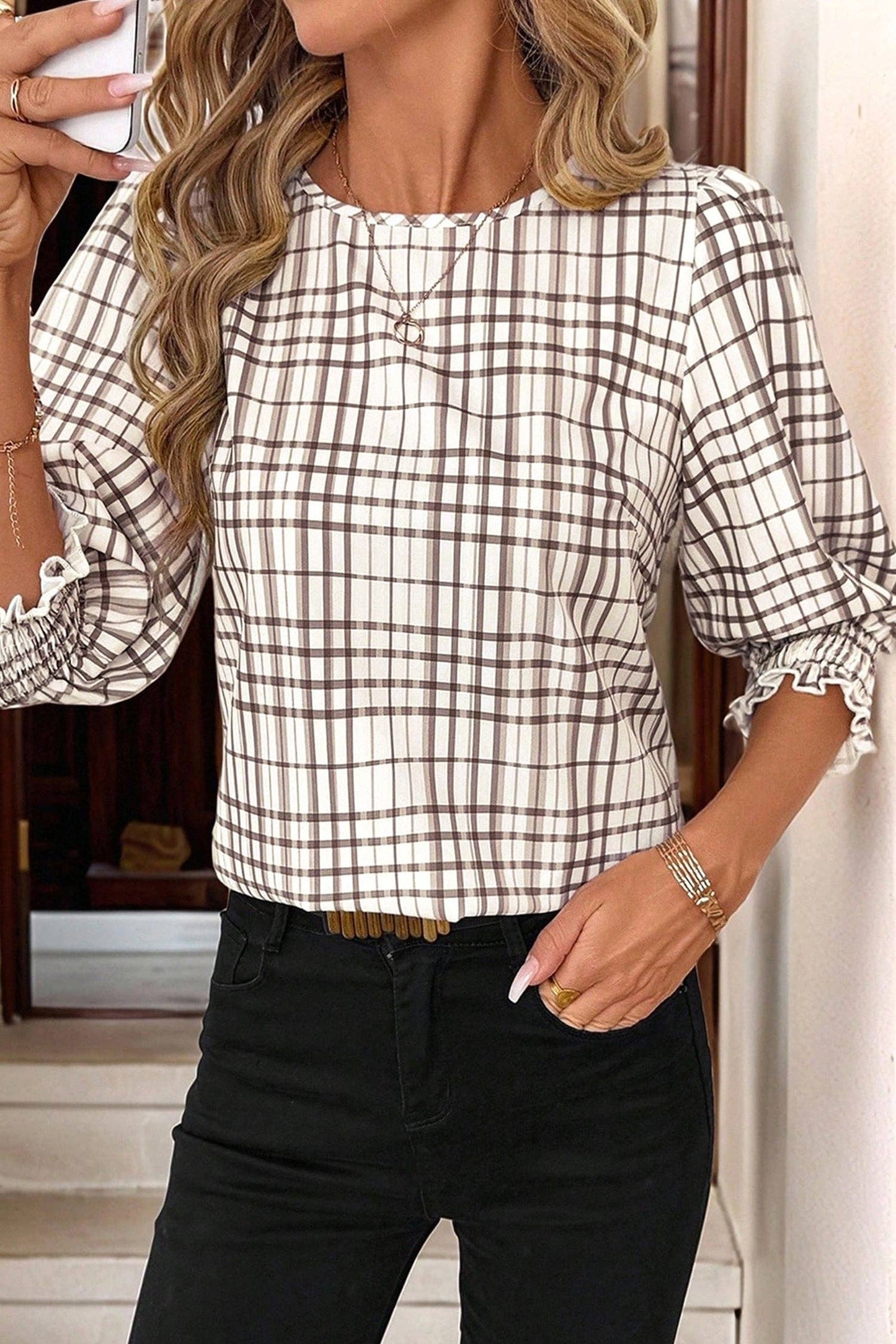 Lovesoft - White Plaid Print Frilled Puffy Half Sleeve Blouse