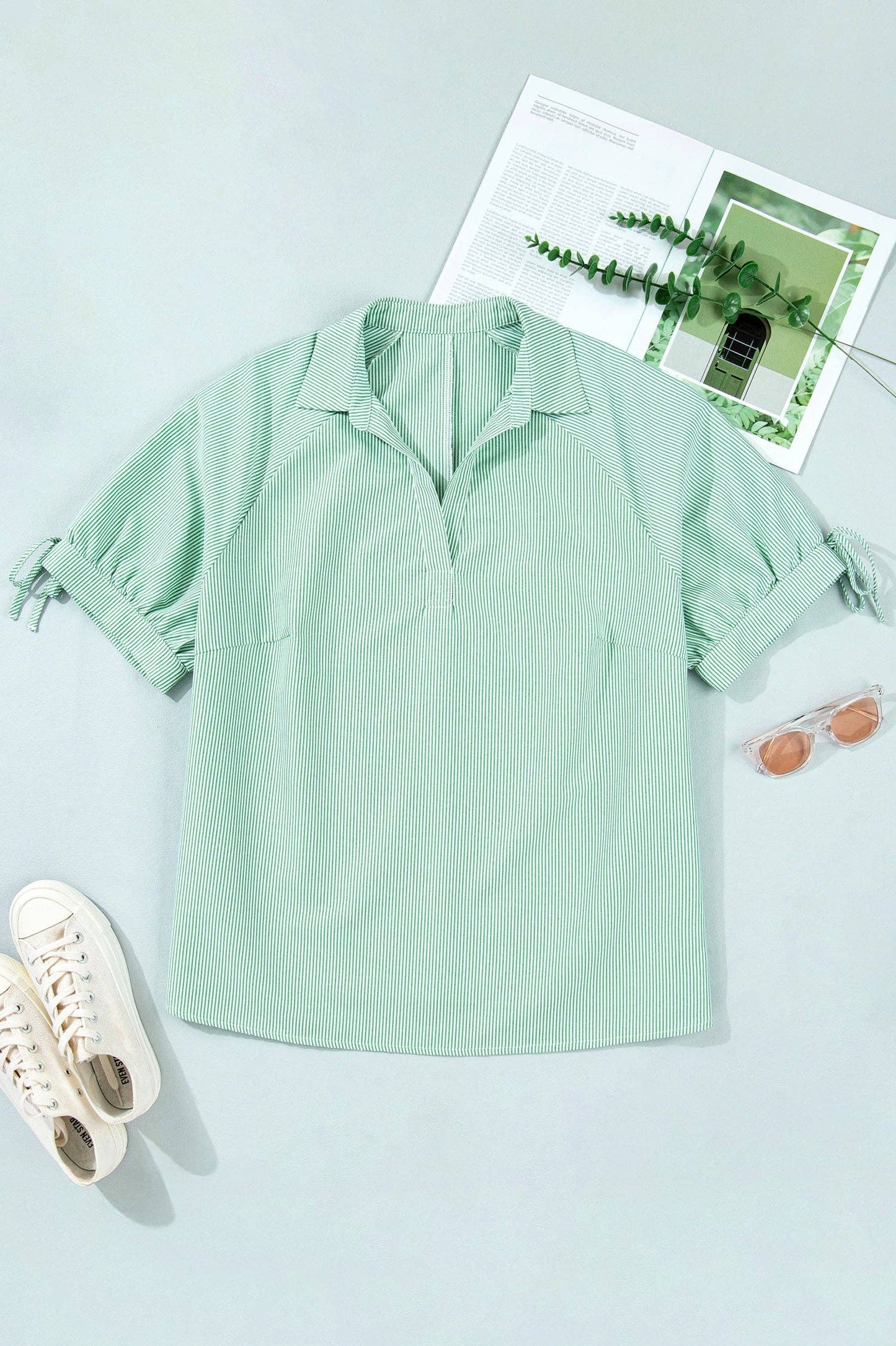 PRETTY BASH - PRETTY BASH Plus Size Stripe Collar Short Sleeve Blouse