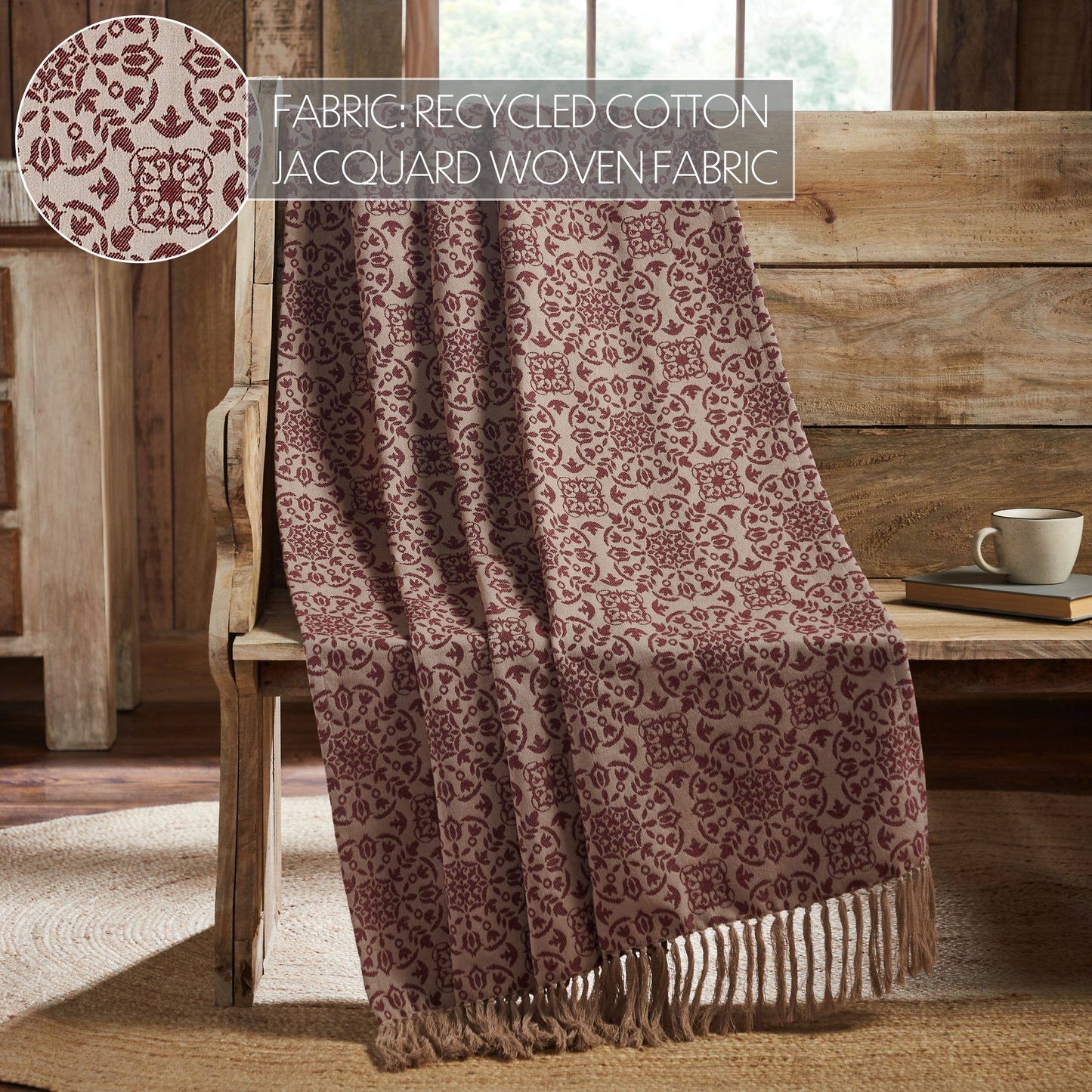 VHC Brands - Custom House Burgundy Tan Jacquard Woven Throw Blanket 50x60