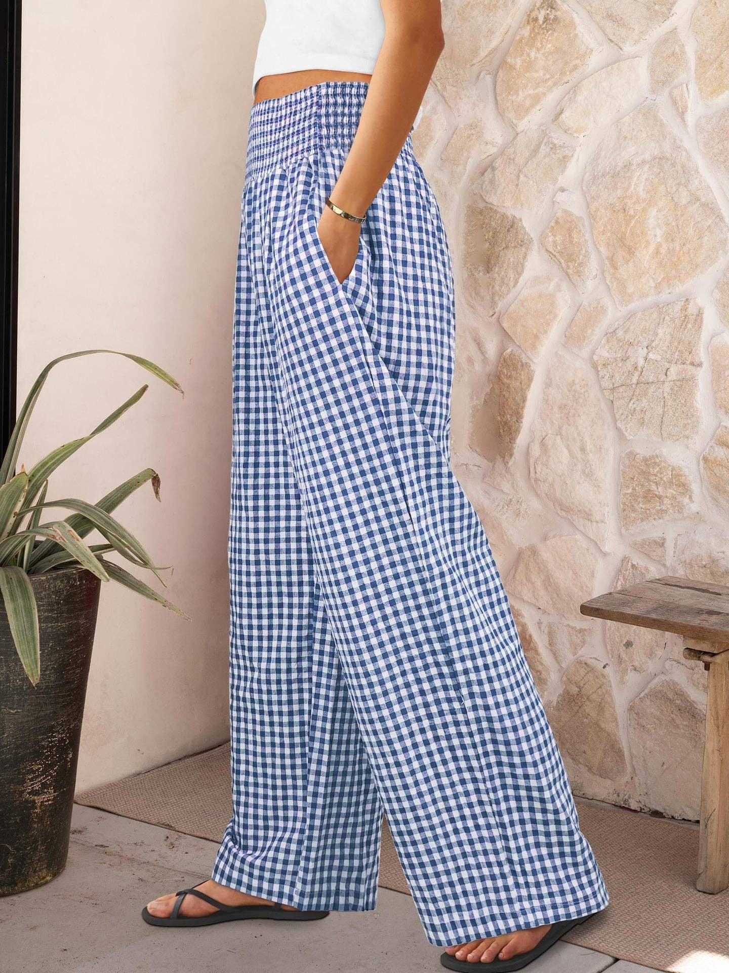 Suhkasana - Gingham High Waist Wide Leg Pants with Pockets