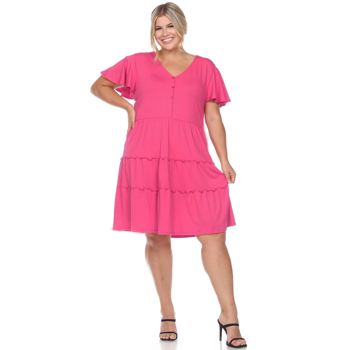 WHITE MARK - Plus Size Short Sleeve V-neck Tiered Midi Dress