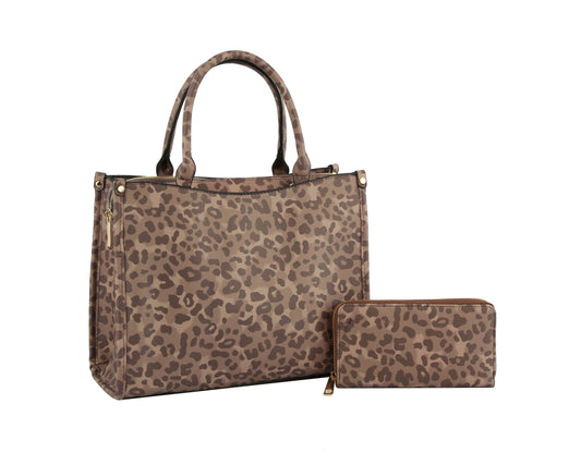Multi Compartment Leopard Hand Tote Set