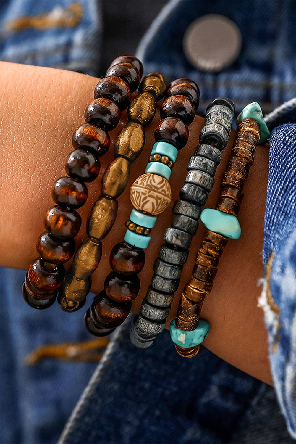 Little Daisy Closet - LDC Boho Turquoise Wooden Beaded Multi Layer Bracelet