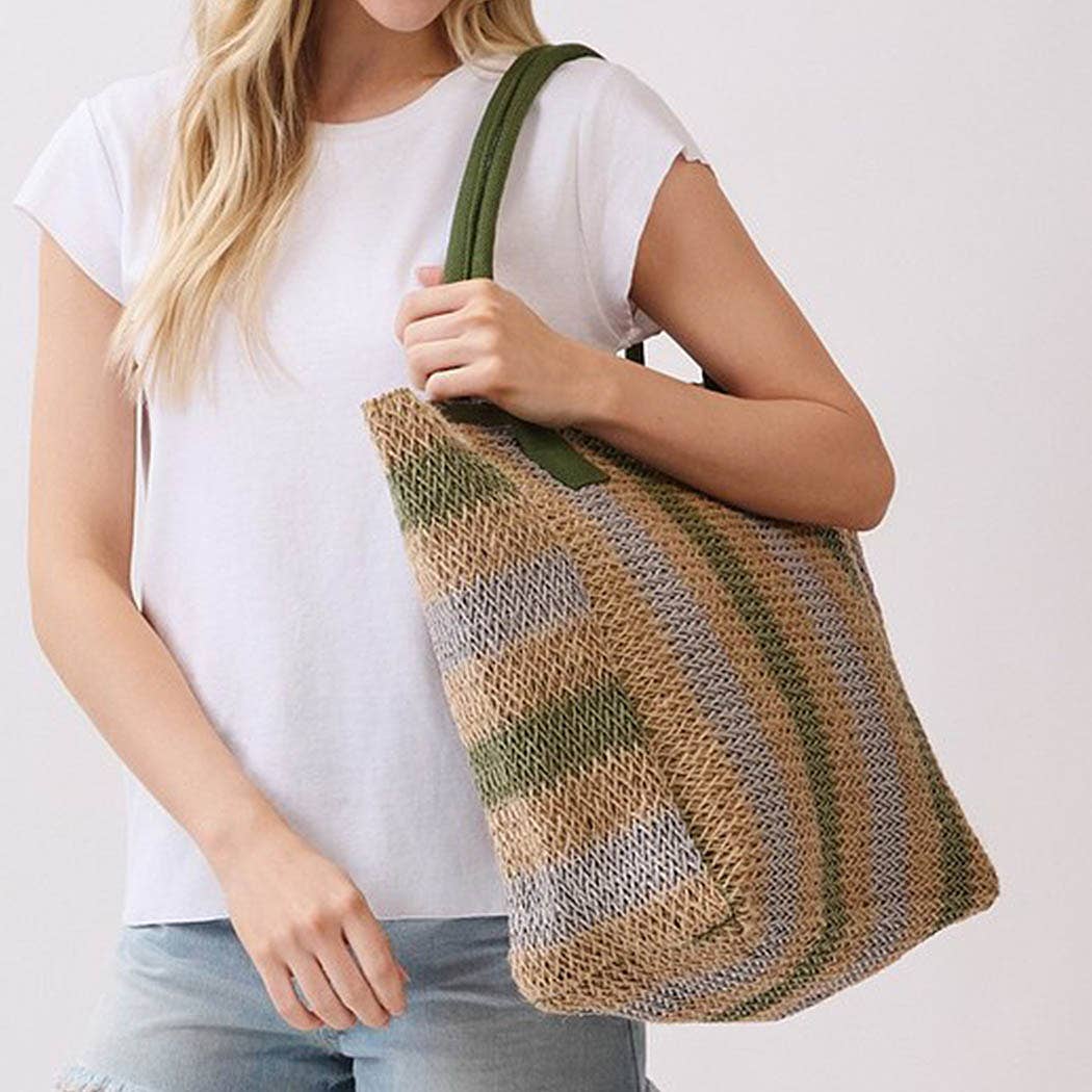 3AM BY H&D ACCESSORIES - Natural Brown Multi Color Stripe Straw Tote Bag