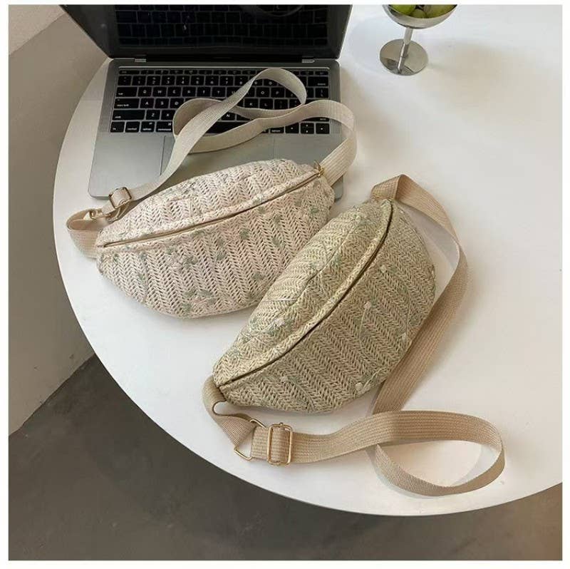 JOSSLYN by wall to wall - RAFFIA STRAW WAIST FANNY PACK CROSSBODY BELT BAG | 40P559