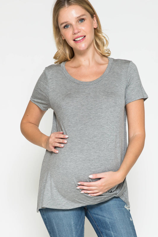 Maternity Round Neck Front Twist Knotted Solid Basic Top