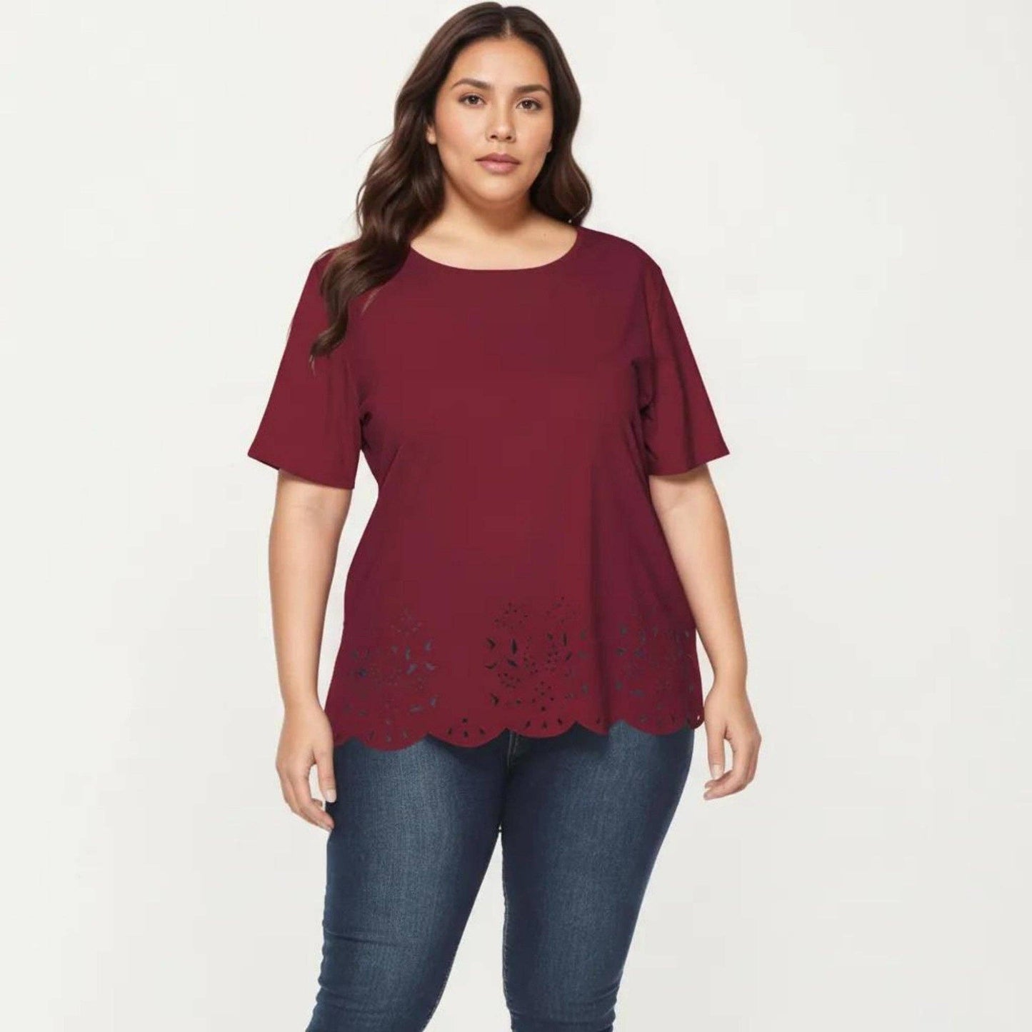 Anna Kaci Wholesale - Plus Size Short Sleeve Top with Scalloped Eyelet Hem Round Neck Loose Fit Casual Blouse