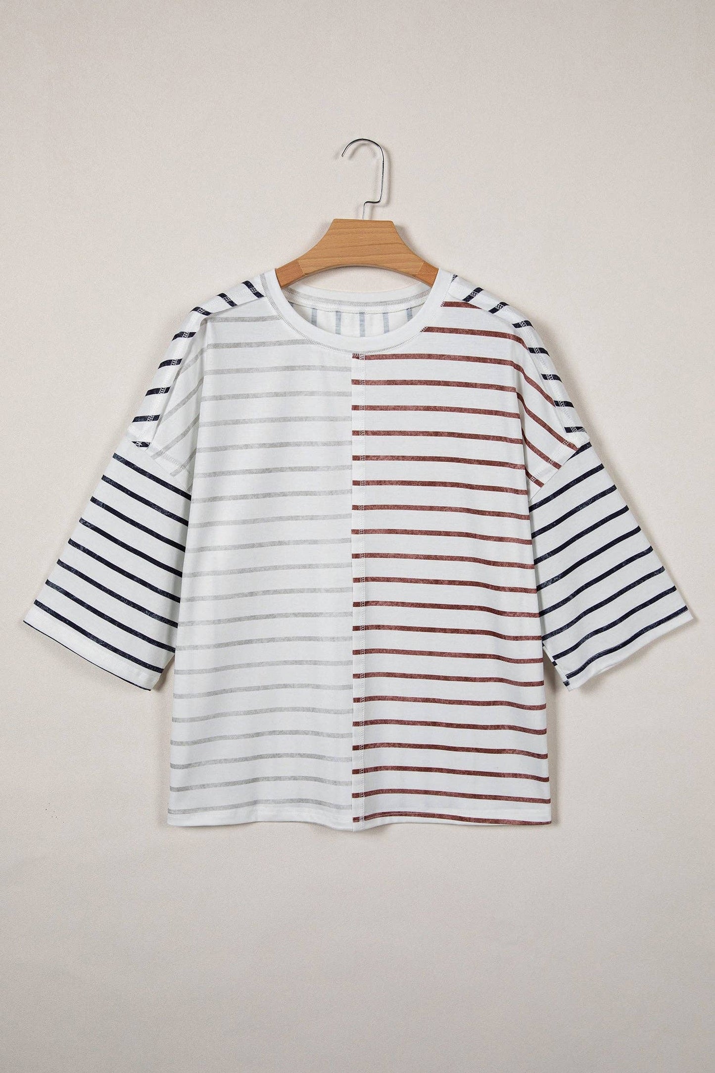 Indie & Co. | Women's Apparel - Danna Stripe Tee-Khaki | Colorblock Tee | 3/4 Sleeve Tee
