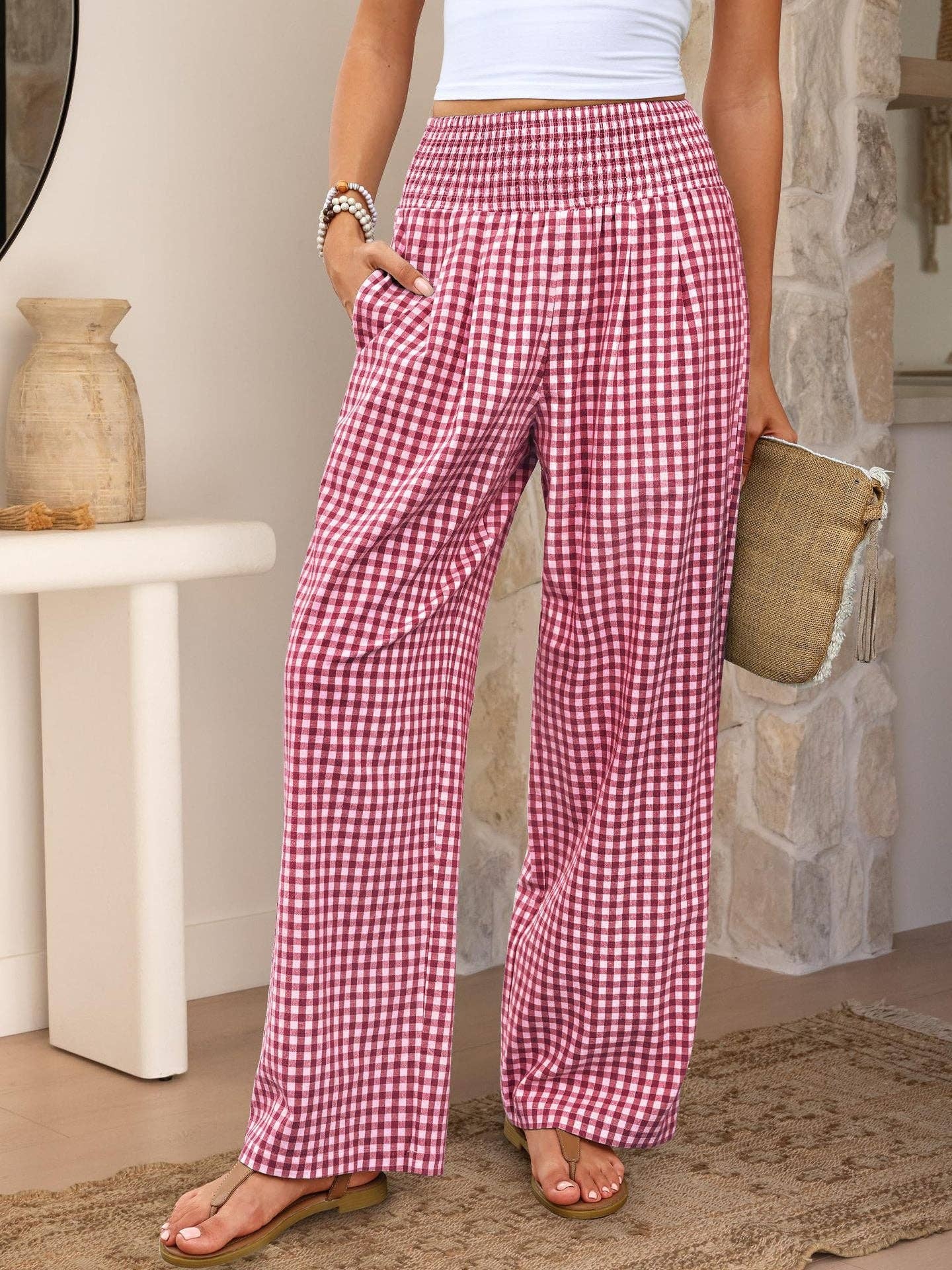 Suhkasana - Gingham High Waist Wide Leg Pants with Pockets