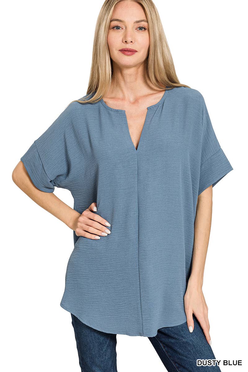 42POPS - 0813 Woven Airflow Split Neck Short Sleeve Top SI-23872 Zenana