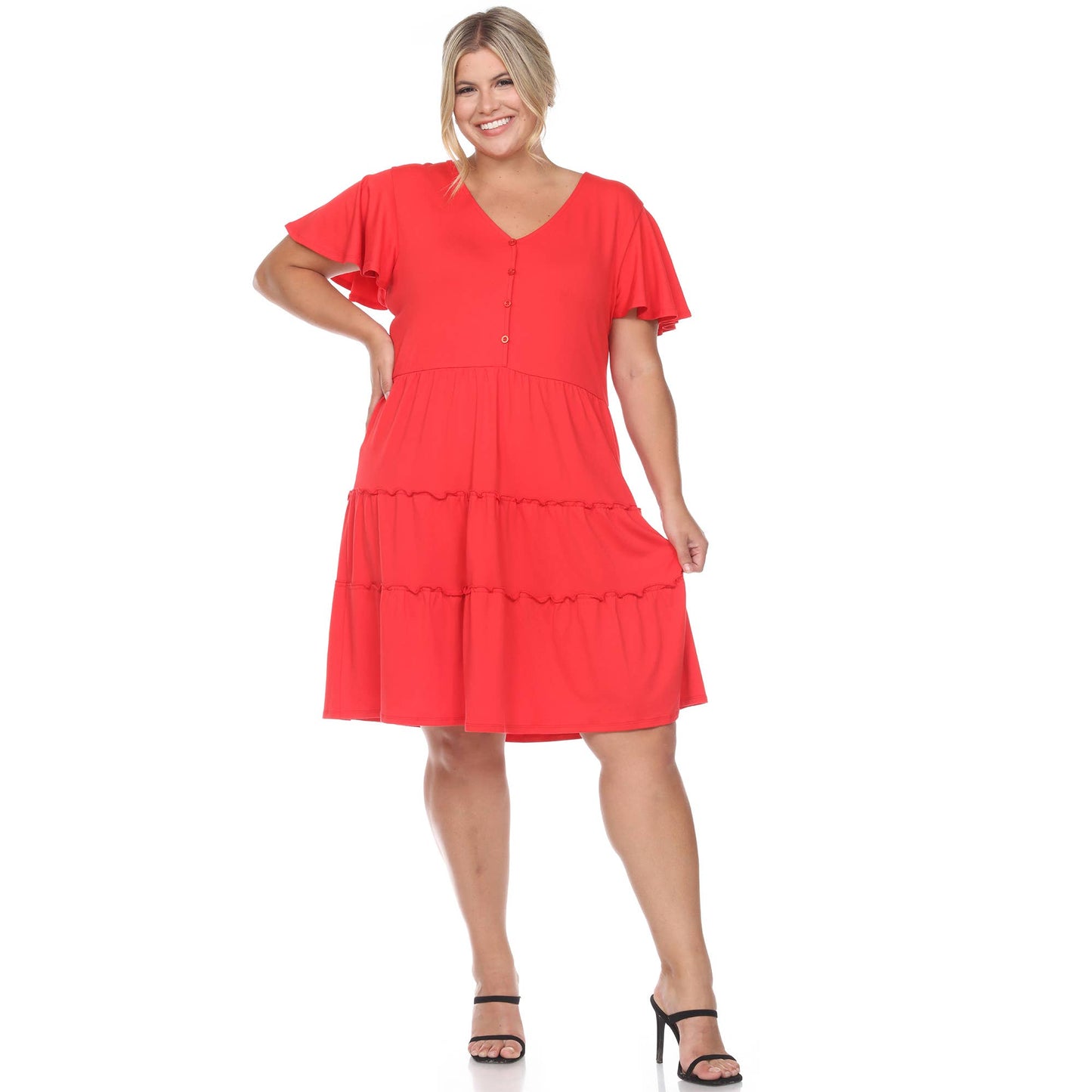 WHITE MARK - Plus Size Short Sleeve V-neck Tiered Midi Dress