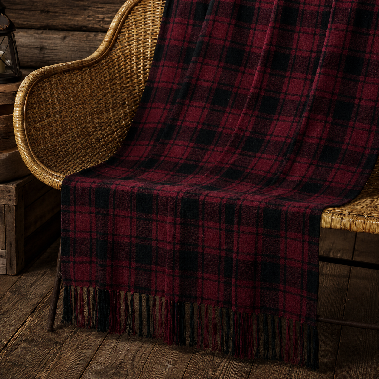 VHC Brands - Cranberry Black Plaid Woven Throw Blanket Lodge Decor 50x60