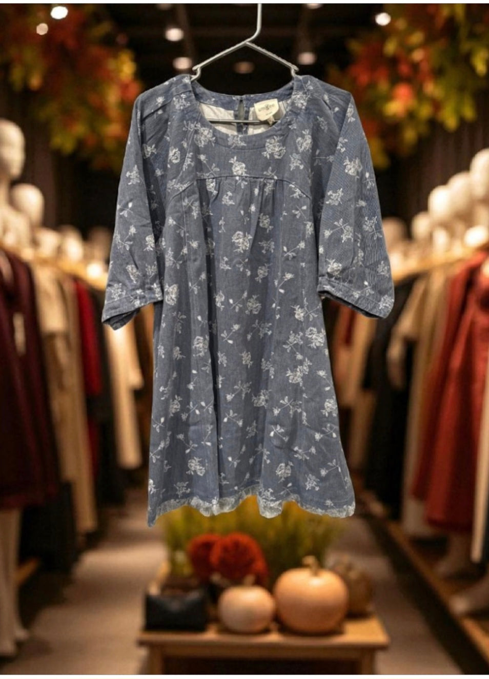 Umgee Blue Denim Dress w/Fringed Hem