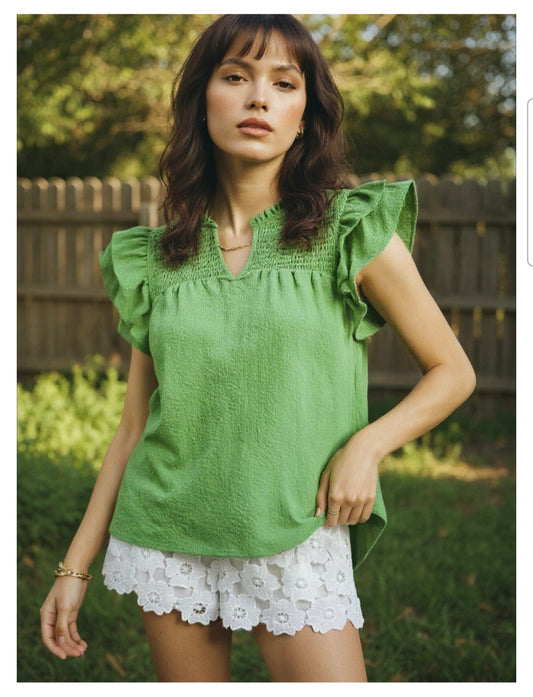 UMGEE Green Smocked Ruffle Sleeve Textured Blouse