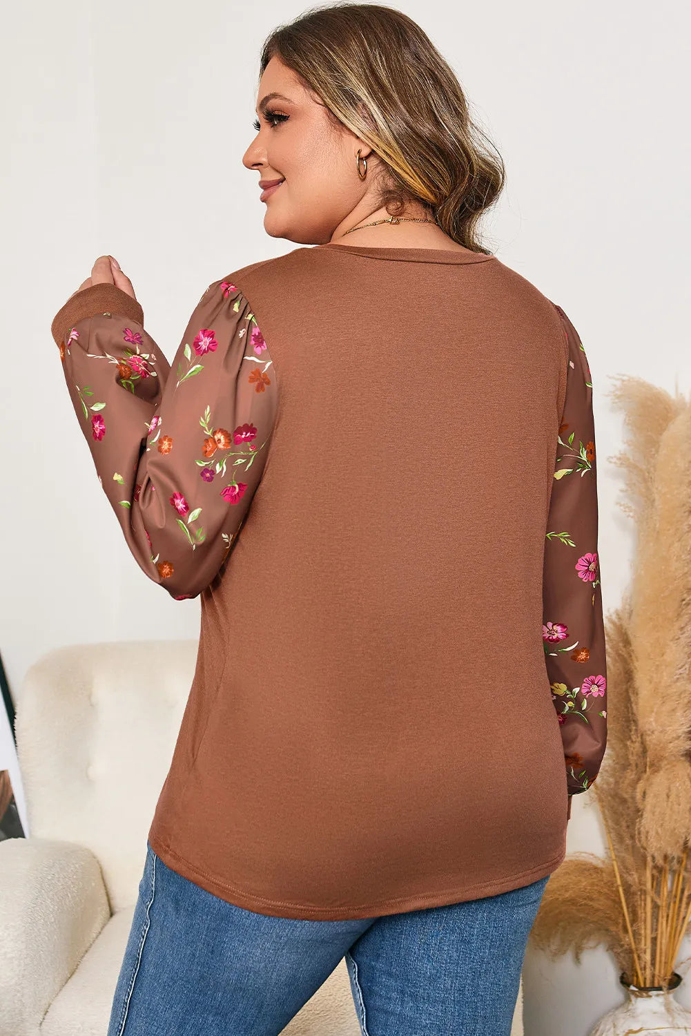 Plus Size Brown Floral Sleeve Patchwork Round Neck Blouse