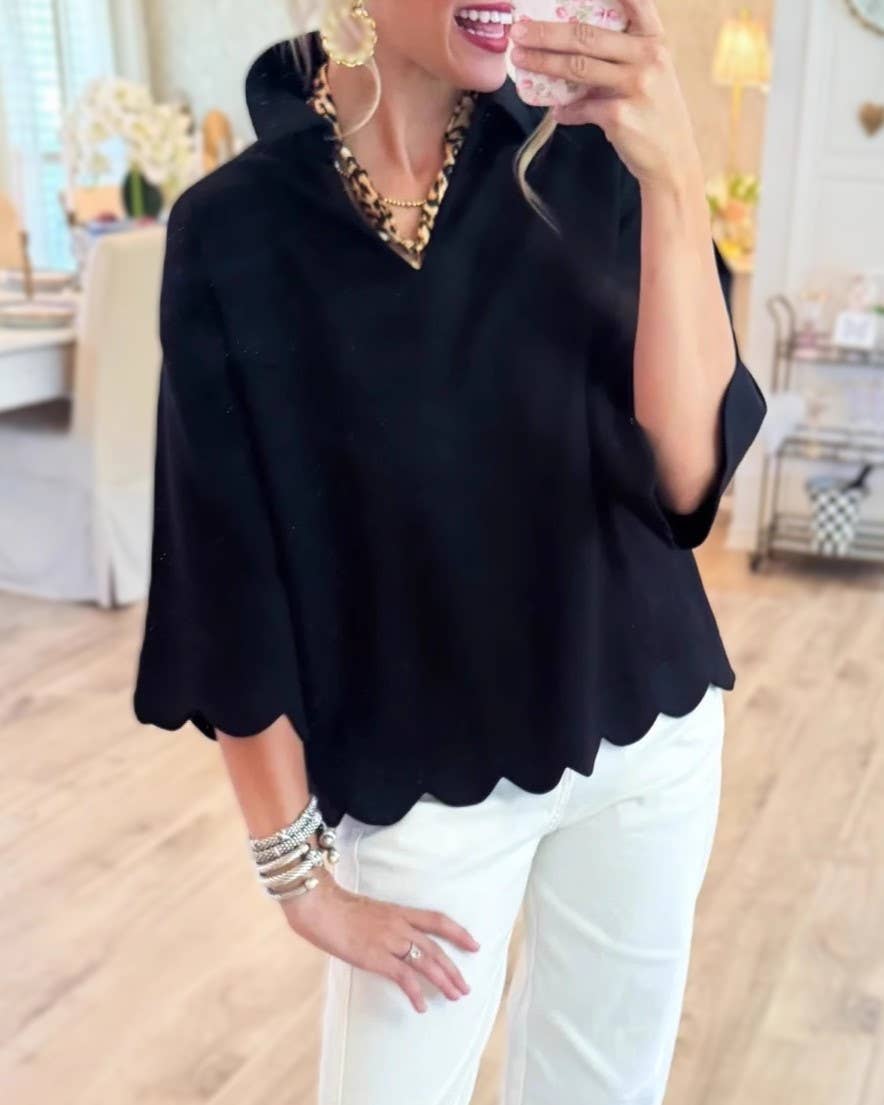 Rosa Clothing - Leisure Chic Scallop Hem Detail Cozy Top