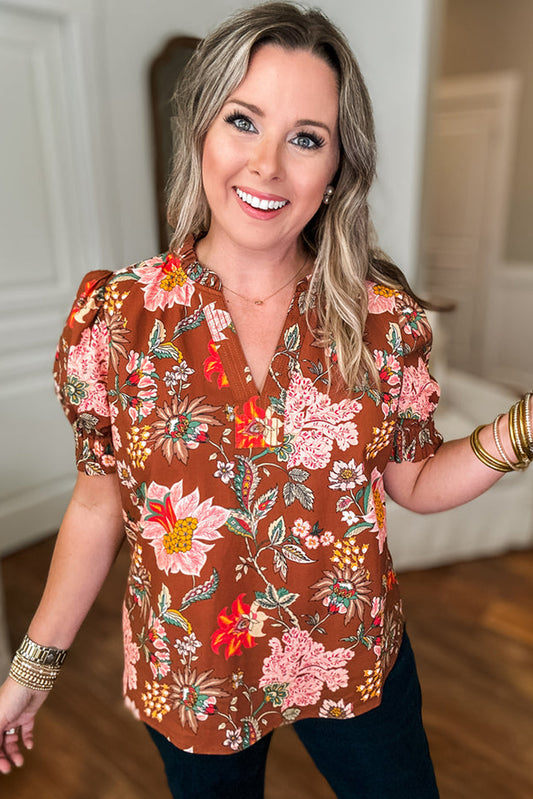 Plus Size Brown Floral Stitched V Neck Frilled Trim Puff Short Sleeve Blouse
