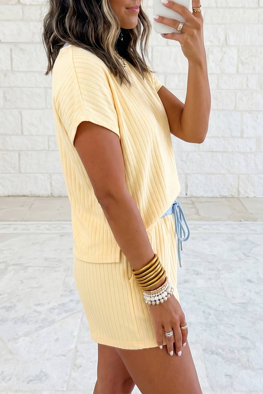 1 the Woman - Textured Short Sleeve Rib Top Shorts 2 PCS Set XS–4X