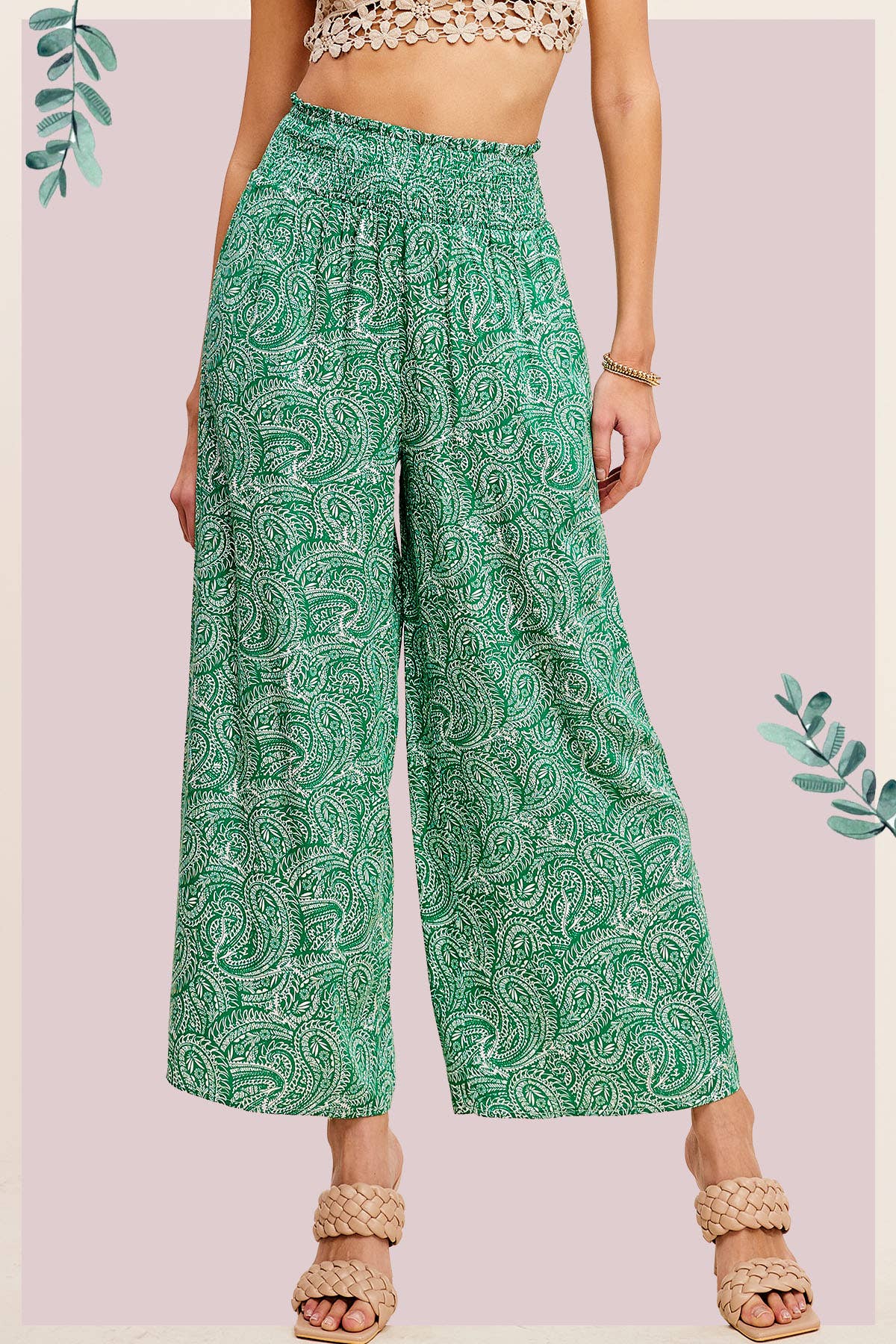 JCP4225-Boho Paisley Print Wide Leg Flowy Pants with Pockets