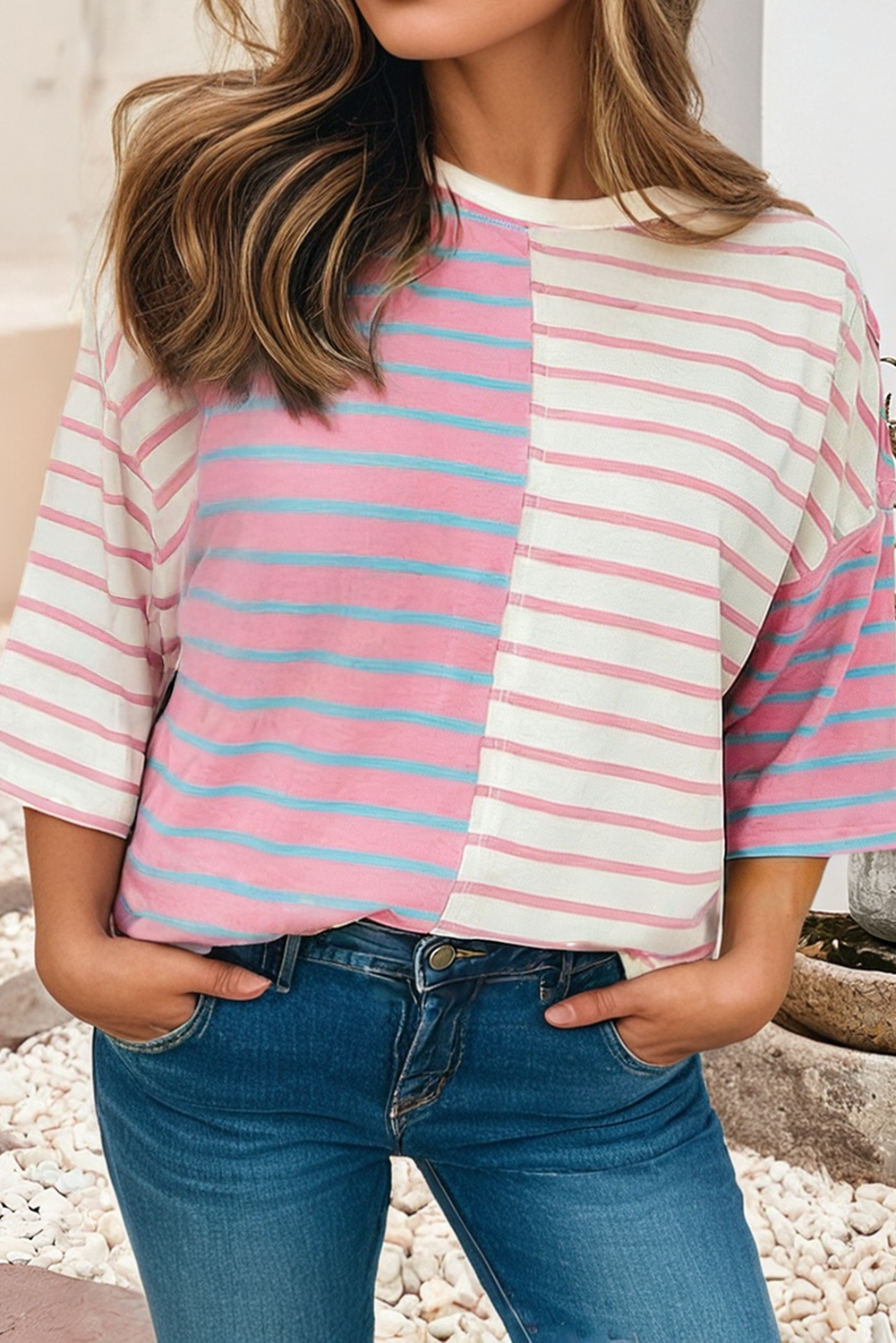 Little Daisy Closet - LDC Stripe Colorblock Round Neck Drop Shoulder T-shirt