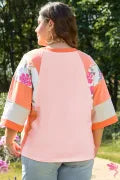 Plus Size Orange Floral Print Patchwork Raglan Half Sleeve Top