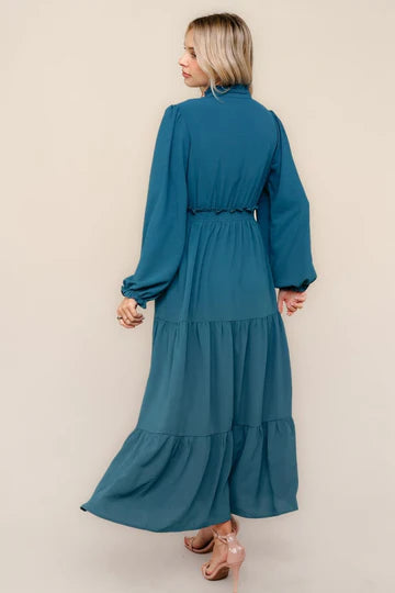 PLUS SOLID SMOCKING WAIST TIERED MIDI WOVEN DRESS