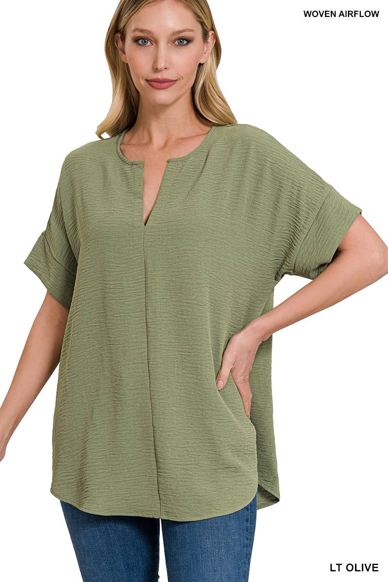 42POPS - 0813 Woven Airflow Split Neck Short Sleeve Top SI-23872 Zenana