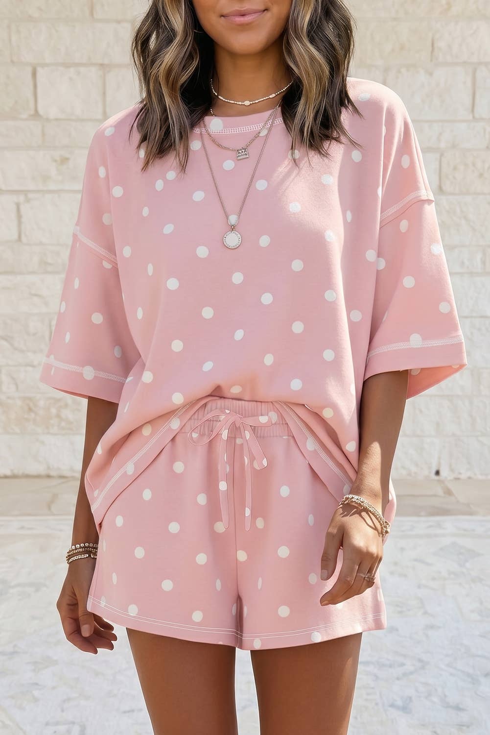 1 the Woman - Seam Detail Polka Dot Loose Tee Drawstring Shorts Set