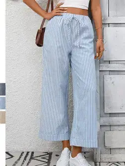 Lovesoft - Striped Wide Leg Pants Women Drawstring Casual Pants