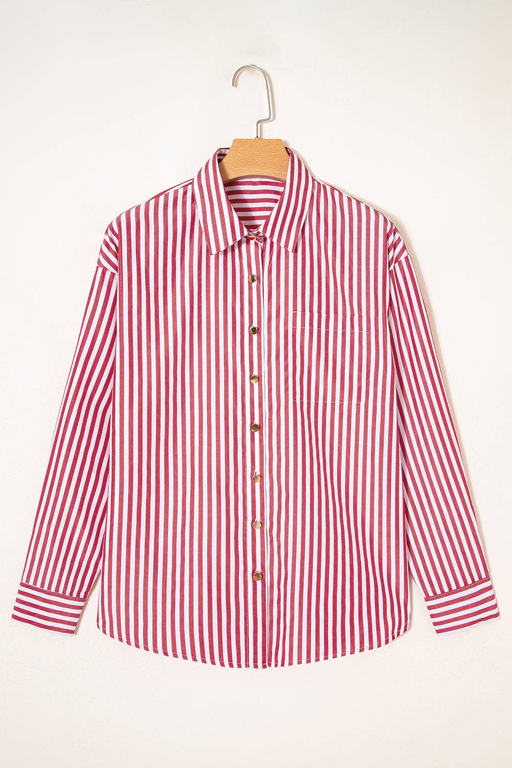 Lovesoft - Red Stripe Patched Pocket Side Slit Loose Shirt