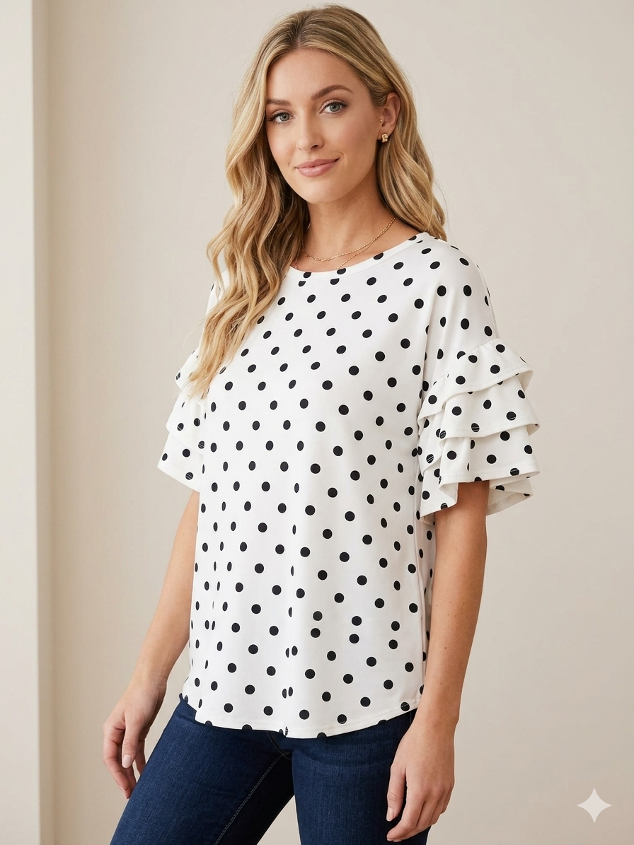 Celeste Clothing - Women's Plus Size Polka Dot Ruffle Sleeve Top Made in USA
