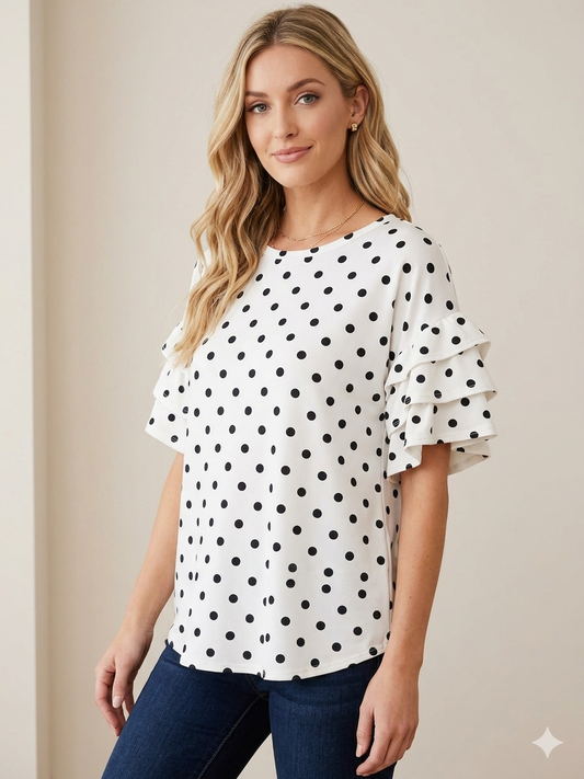 Celeste Clothing - Women's Plus Size Polka Dot Ruffle Sleeve Top Made in USA