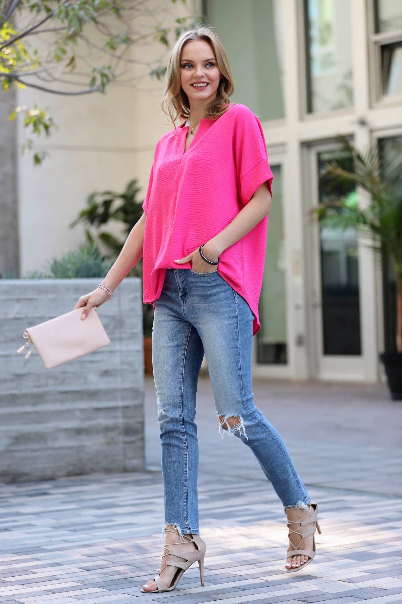 42POPS - 0813 Woven Airflow Split Neck Short Sleeve Top SI-23872 Zenana