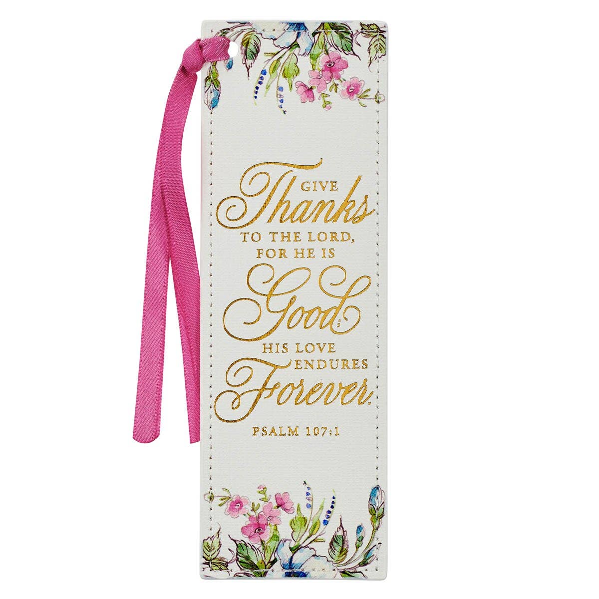 Christian Art Gifts - Give Thanks White Floral Faux Leather Bookmark - Psalm 107:1