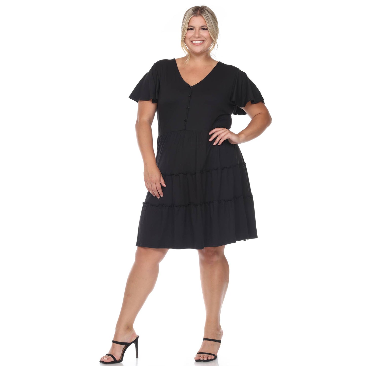 WHITE MARK - Plus Size Short Sleeve V-neck Tiered Midi Dress