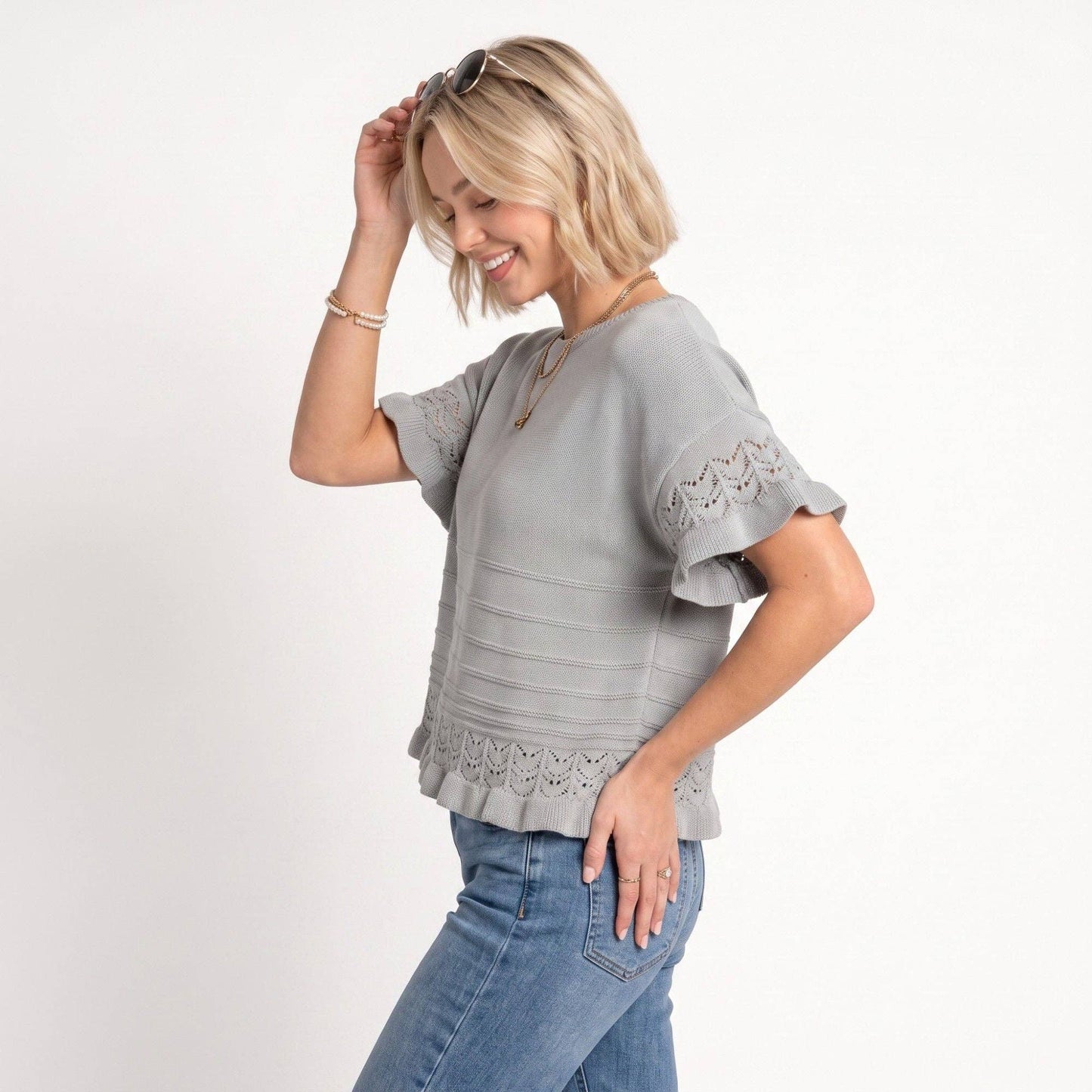 Anna Kaci Wholesale - Short Sleeve Sweater Top Lace Ruffle Hem Textured Knit Blouse