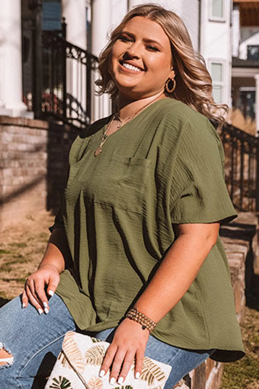 Plus Size Four Leaf Clover V Neck T Shirt with Chest Pocket