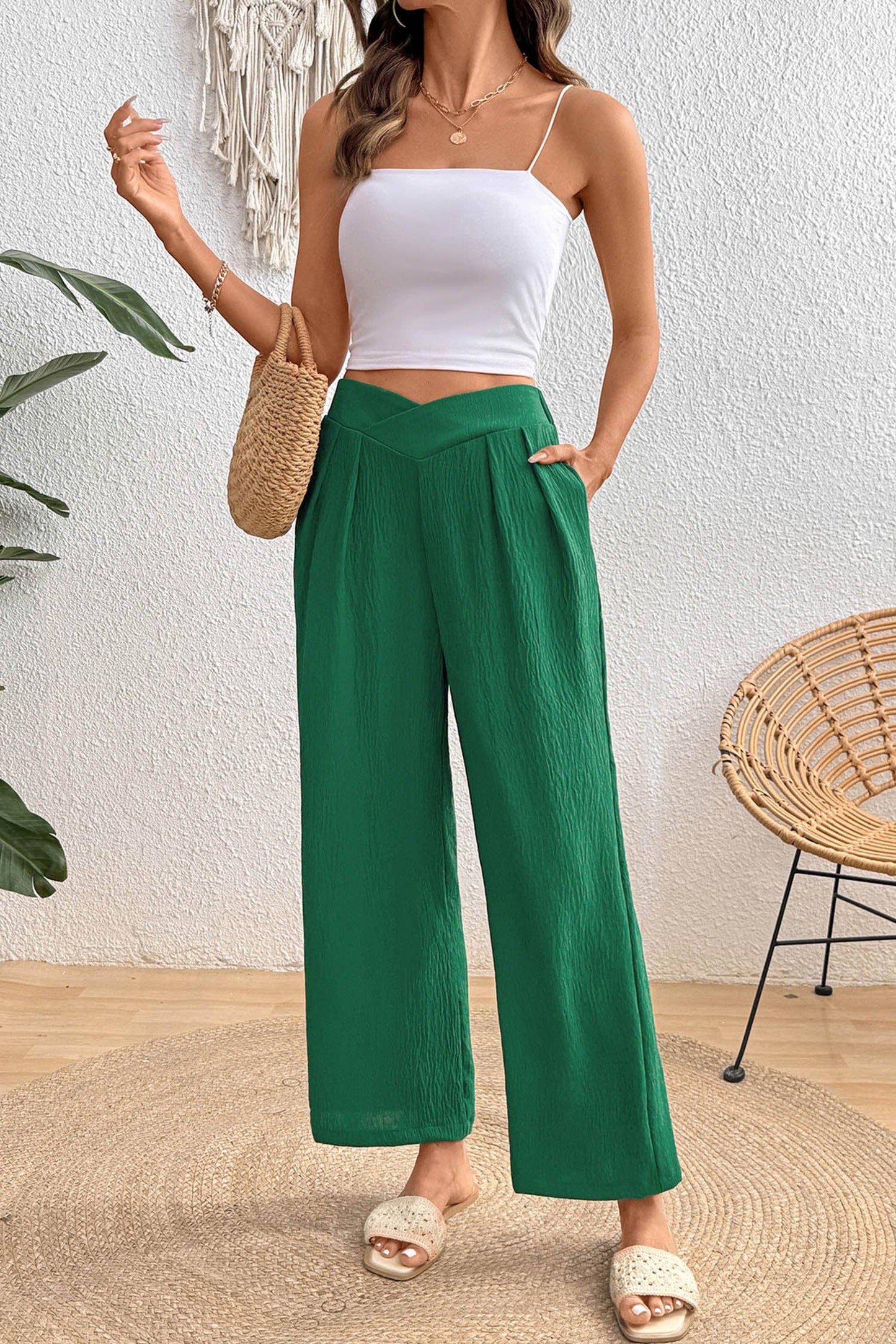 Lovesoft - Solid Color Textured Crossed Waist Loose Pants