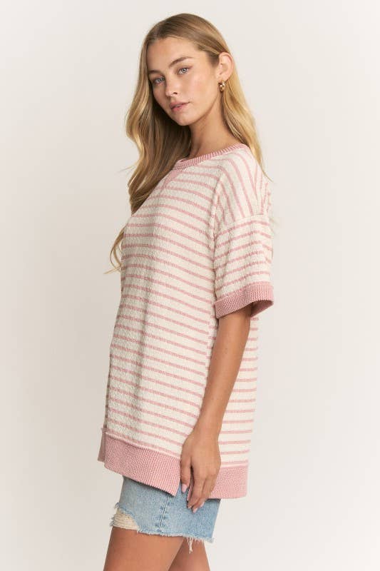HEIMISH - ET8055-10  CREW NECK JACQUARD STRIPE KNIT TOP