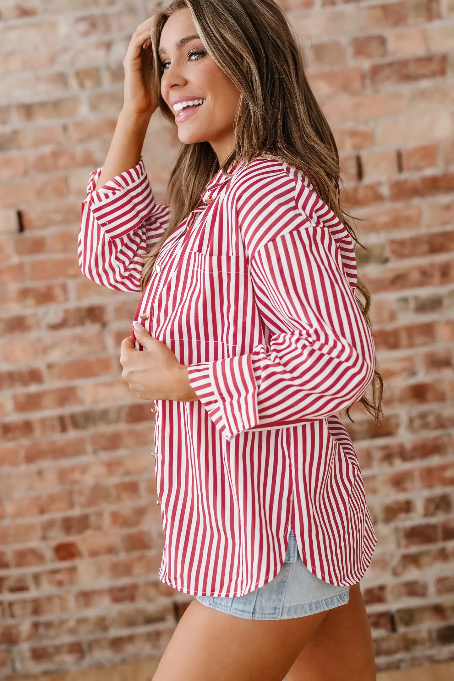 Lovesoft - Red Stripe Patched Pocket Side Slit Loose Shirt