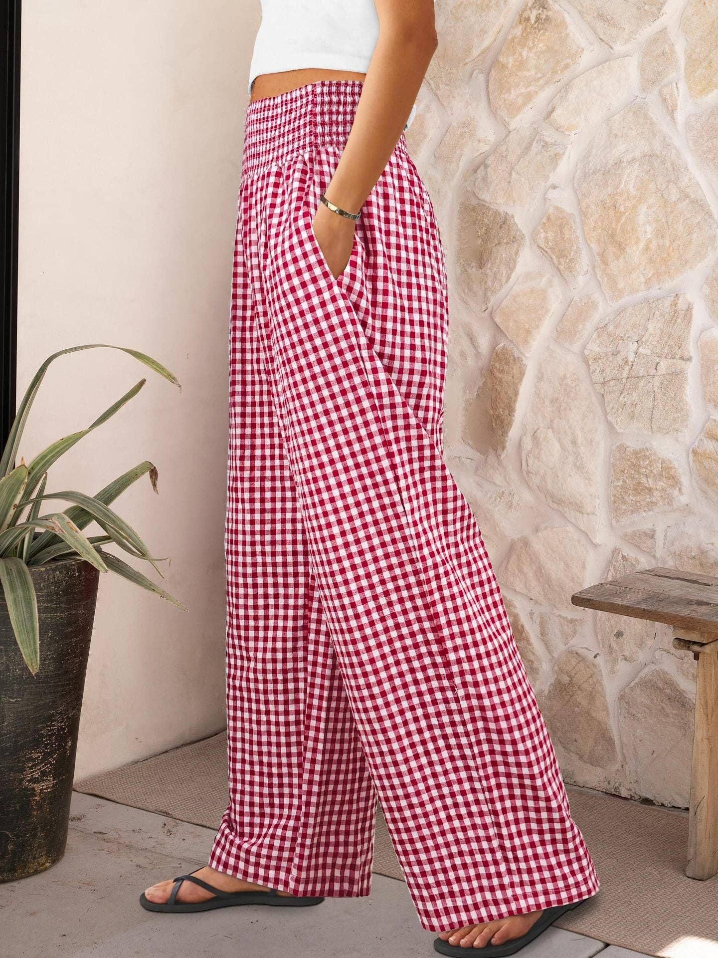 Suhkasana - Gingham High Waist Wide Leg Pants with Pockets