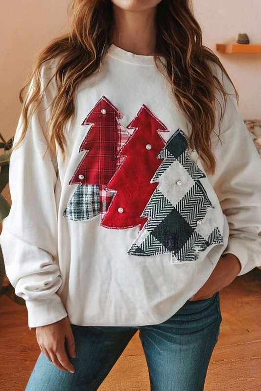 Little Daisy Closet - LDC Plaid Christmas Tree Patched Drop Shoulder Sweatshirt