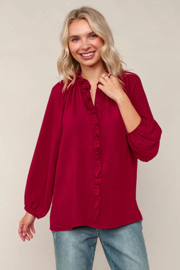 FRILLED PLACKET BUTTON DOWN SOLID BLOUSE