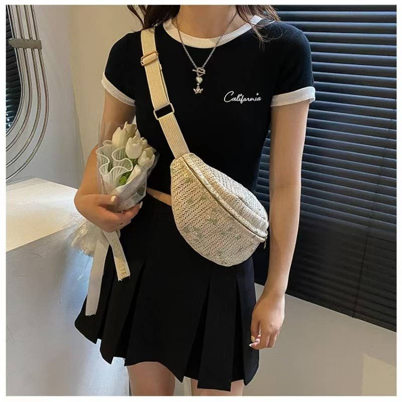 JOSSLYN by wall to wall - RAFFIA STRAW WAIST FANNY PACK CROSSBODY BELT BAG | 40P559