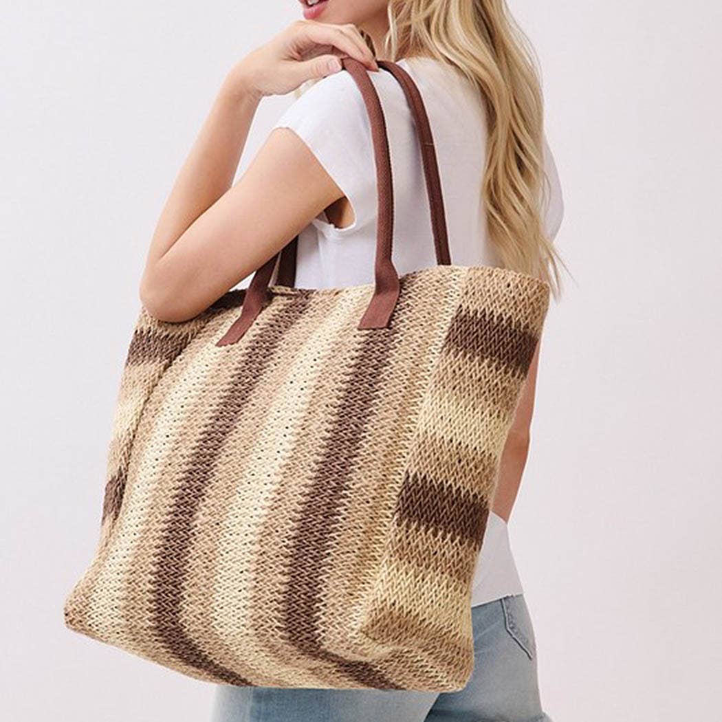 3AM BY H&D ACCESSORIES - Natural Brown Multi Color Stripe Straw Tote Bag